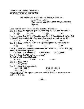 Đề kiểm tra cuối học kỳ I môn Toán Lớp 5 - Năm học 2021-2022 - Trường Tiểu học Cầu Khởi B (Có đáp án)