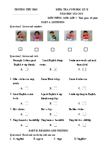 Đề kiểm tra cuối học kỳ II môn Tiếng Anh Lớp 5 - Năm học 2023-2024 - Đề số 15 (Có file nghe)