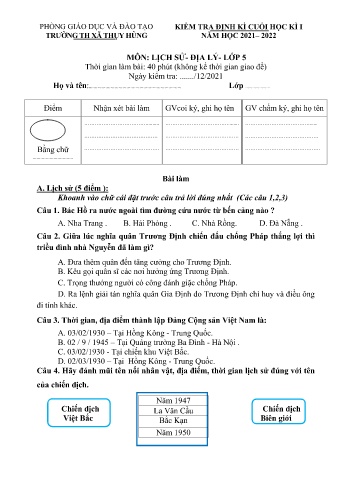 Đề kiểm tra định kì cuối học kì I môn Lịch sử và Địa lí Lớp 5 - Năm học 2021-2022 - Trường Tiểu học Thụy Hùng (Có đáp án)
