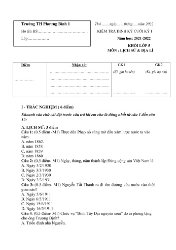 Đề kiểm tra định kỳ cuối kỳ I môn Lịch sử và Địa lí Lớp 5 - Năm học 2021-2022 - Trường Tiểu học Phương Bình 1 (Có đáp án)