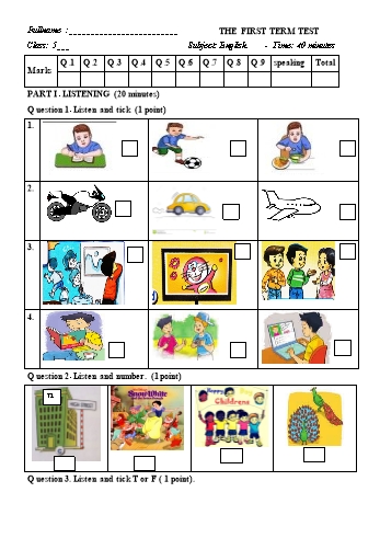 Đề thi học kì I môn Tiếng Anh Lớp 5 - Đề số 4 (Có file nghe + đáp án)