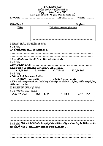 Bài khảo sát môn Toán Lớp 5 - Năm học 2022-2023 - Trường Tiểu học Đồng Hòa - Đề 2 (Có đáp án)