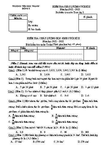 Bài kiểm tra chất lượng cuối kì II môn Toán Lớp 5 - Năm học 2021-2022 - Trường Tiểu học Thanh Đông 4 (Có đáp án)