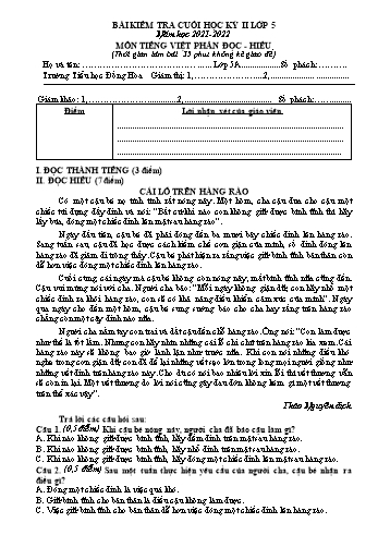 Bài kiểm tra cuối học kỳ II môn Tiếng Việt Lớp 5 - Năm học 2021-2022 - Trường Tiểu học Đồng Hòa (Có đáp án)