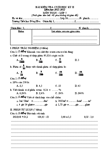 Bài kiểm tra cuối học kỳ II môn Toán Lớp 5 - Năm học 2021-2022 - Trường Tiểu học Đồng Hòa (Có đáp án)