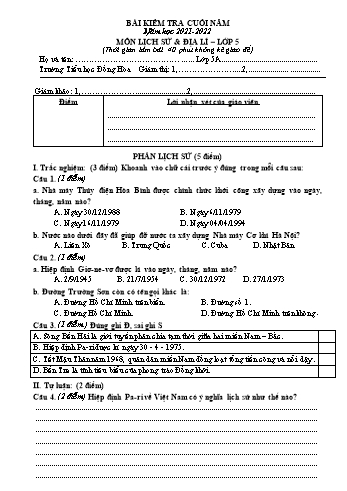 Bài kiểm tra cuối năm môn Lịch sử & Địa lí Lớp 5 - Năm học 2021-2022 - Trường Tiểu học Đồng Hòa (Có đáp án)