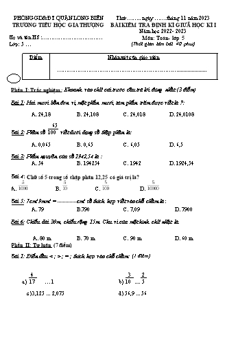 Bài kiểm tra định kì giữa học kì I môn Toán Lớp 5 - Năm học 2022-2023 - Trường Tiểu học Gia Thượng (Có đáp án)