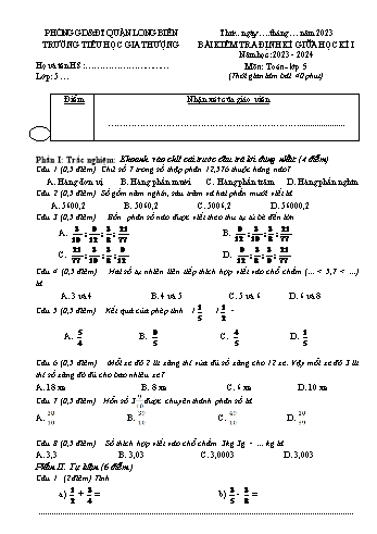Bài kiểm tra định kì giữa học kì I môn Toán Lớp 5 - Năm học 2023-2024 - Trường Tiểu học Gia Thượng - Đề 3 (Có đáp án)