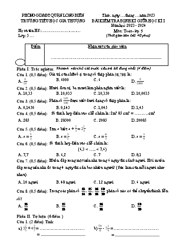 Bài kiểm tra định kì giữa học kì I môn Toán Lớp 5 - Năm học 2023-2024 - Trường Tiểu học Gia Thượng - Đề 2 (Có đáp án)