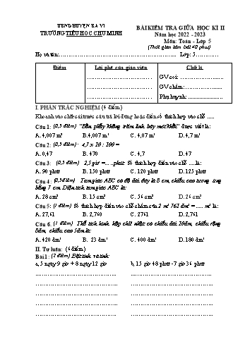Bài kiểm tra giữa học kì II môn Toán Lớp 5 - Năm học 2022-2023 - Trường Tiểu học Chu Minh (Có đáp án)