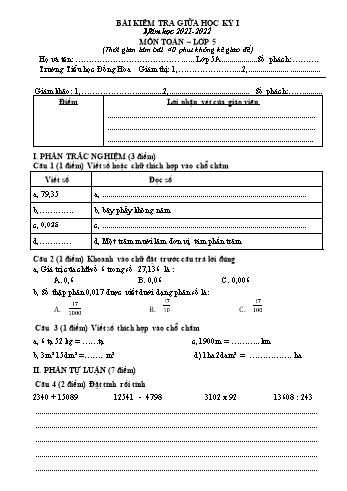 Bài kiểm tra giữa học kỳ I môn Toán Lớp 5 - Năm học 2021-2022 - Trường Tiểu học Đồng Hòa (Có đáp án)