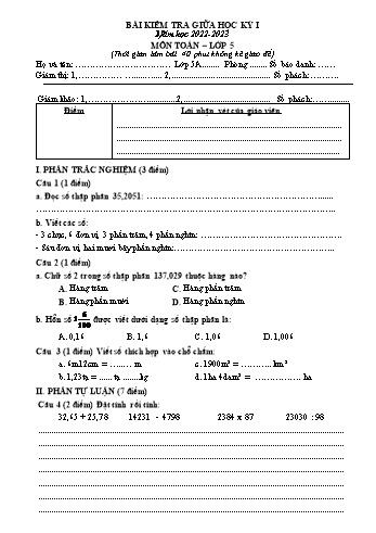 Bài kiểm tra giữa học kỳ I môn Toán Lớp 5 - Năm học 2022-2023 - Trường Tiểu học Đồng Hòa