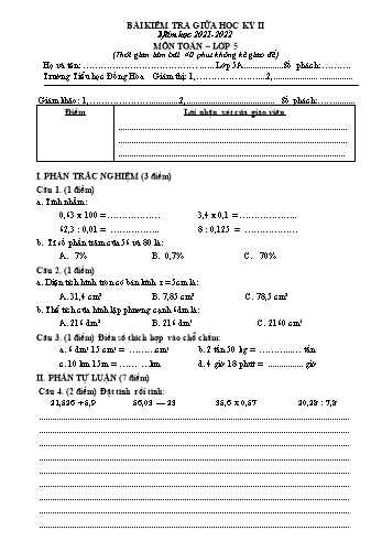 Bài kiểm tra giữa học kỳ II môn Toán Lớp 5 - Năm học 2021-2022 - Trường Tiểu học Đồng Hòa