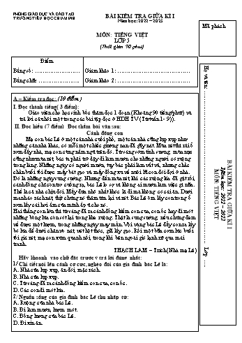 Bài kiểm tra giữa kì I môn Tiếng Việt Lớp 5 - Năm học 2022-2023 - Trường Tiểu học Chu Minh (Có đáp án)