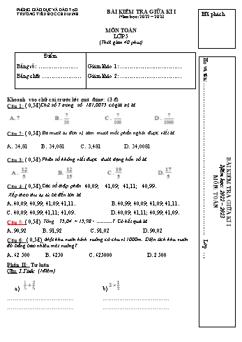 Bài kiểm tra giữa kì I môn Toán Lớp 5 - Năm học 2022-2023 - Trường Tiểu học Chu Minh (Có đáp án)