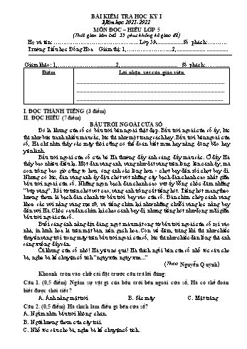 Bài kiểm tra học kỳ I môn Tiếng Việt Lớp 5 - Năm học 2021-2022 - Trường Tiểu học Đồng Hòa