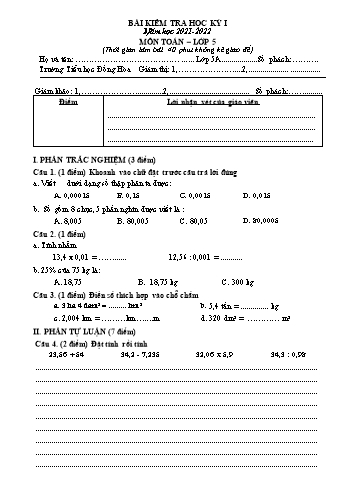 Bài kiểm tra học kỳ I môn Toán Lớp 5 - Năm học 2021-2022 - Trường Tiểu học Đồng Hòa