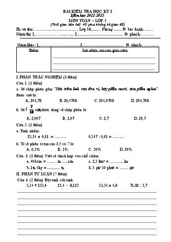 Bài kiểm tra học kỳ I môn Toán Lớp 5 - Năm học 2022-2023 - Trường Tiểu học Đồng Hòa (Có đáp án)