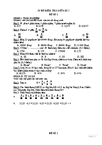 Bộ 10 đề kiểm tra giữa kì 2 môn Toán Lớp 5 (Có đáp án)