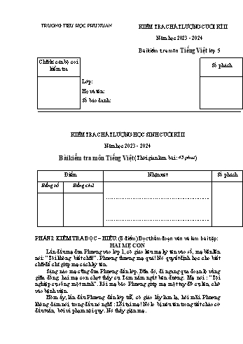 Đề kiểm tra chất lượng cuối kì II môn Tiếng Việt Lớp 5 - Năm học 2023-2024 - Trường Tiểu học Phú Xuân (Có đáp án)