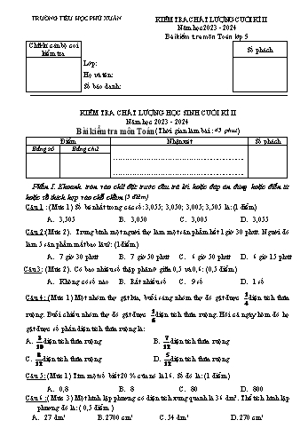 Đề kiểm tra chất lượng cuối kì II môn Toán Lớp 5 - Năm học 2023-2024 - Trường Tiểu học Phú Xuân (Có đáp án)