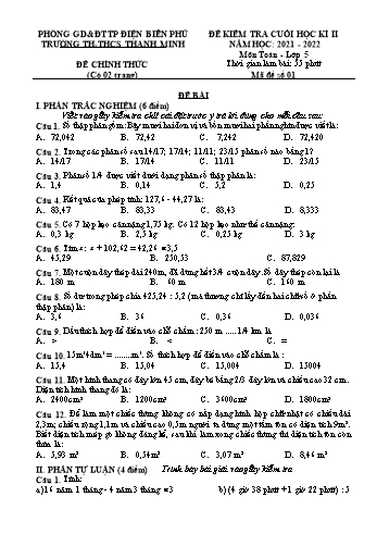 Đề kiểm tra cuối học kì II môn Toán Lớp 5 - Năm học 2021-2022 - Trường TH–THCS Thanh Minh (Có đáp án)