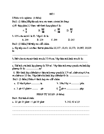 Đề kiểm tra cuối học kì II môn Toán Lớp 5 - Năm học 2022-2023 - Trường Tiểu học Thị trấn Thứa - Đề số 5 (Có đáp án)