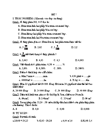Đề kiểm tra cuối học kì II môn Toán Lớp 5 - Năm học 2022-2023 - Trường Tiểu học Thị trấn Thứa - Đề số 7 (Có đáp án)
