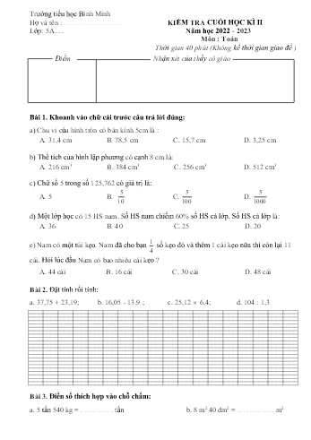 Đề kiểm tra cuối học kì II môn Toán Lớp 5 - Năm học 2022-2023 - Trường Tiểu học Bình Minh (Có đáp án)