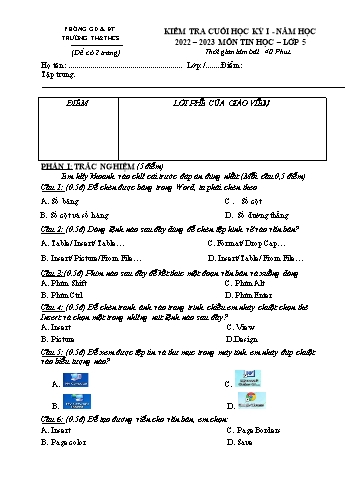 Đề kiểm tra cuối học kỳ I môn Tin học Lớp 5 - Năm học 2022-2023 (Có đáp án)