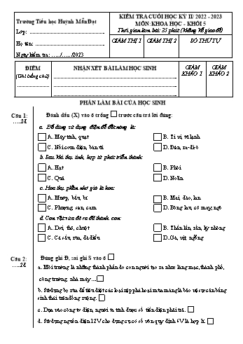 Đề kiểm tra cuối học kỳ II môn Khoa học Khối 5 - Năm học 2022-2023 - Trường Tiểu học Huỳnh Mẫn Đạt (Có đáp án)
