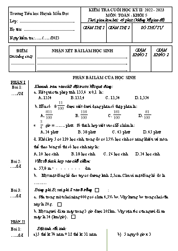 Đề kiểm tra cuối học kỳ II môn Toán Khối 5 - Năm học 2022-2023 - Trường Tiểu học Huỳnh Mẫn Đạt (Có đáp án)