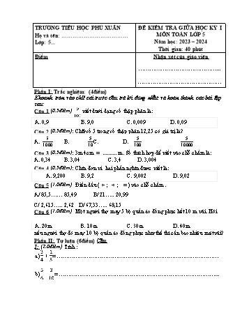 Đề kiểm tra giữa học kỳ I môn Toán Lớp 5 - Năm học 2023-2024 - Trường Tiểu học Phú Xuân (Có đáp án)