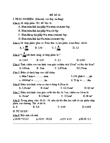 Đề kiểm tra giữa kì 2 môn Toán Lớp 5 - Đề số 10 (Có đáp án)