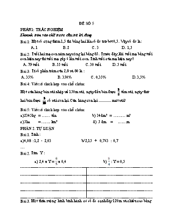 Đề kiểm tra giữa kì 2 môn Toán Lớp 5 - Đề số 5 (Có đáp án)