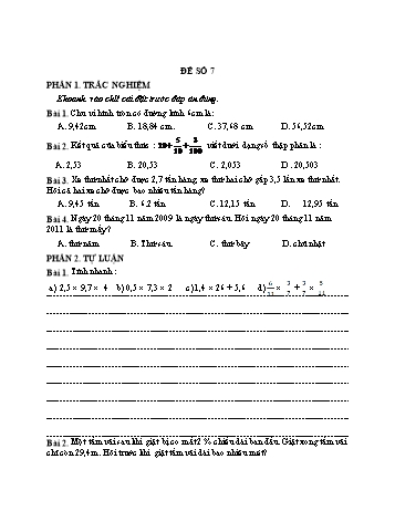 Đề kiểm tra giữa kì 2 môn Toán Lớp 5 - Đề số 7 (Có đáp án)