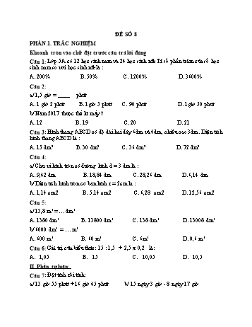 Đề kiểm tra giữa kì 2 môn Toán Lớp 5 - Đề số 8 (Có đáp án)