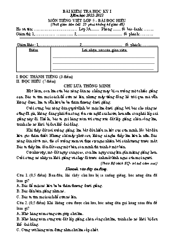 Đề kiểm tra học kỳ I môn Tiếng Việt Lớp 5 - Năm học 2022-2023 - Trường Tiểu học Đồng Hòa (Có đáp án)