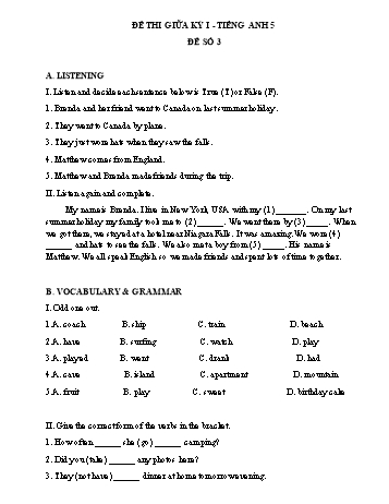 Đề thi giữa kỳ I môn Tiếng Anh Lớp 5 - Trường Tiểu học Sơn Lôi B - Đề số 3