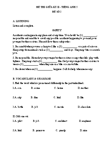 Đề thi giữa kỳ II môn Tiếng Anh Lớp 5 - Trường Tiểu học Sơn Lôi - Đề số 2