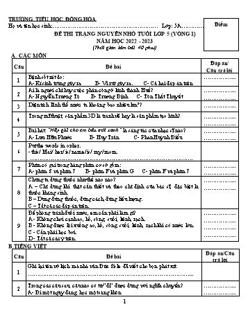 Đề thi trạng nguyên vòng 1 Lớp 5 - Năm học 2022-2023 - Trường Tiểu học Đồng Hòa (Có đáp án)