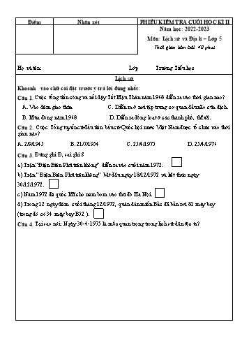 Phiếu kiểm tra cuối học kì II môn Lịch sử và Địa lí Lớp 5 - Năm học 2022-2023 - Trường Tiểu học Phú Xuân