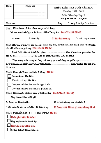 Phiếu kiểm tra cuối năm môn Khoa học Lớp 5 - Năm học 2021-2022 - Trường Tiểu học Cao Đức (Có đáp án)