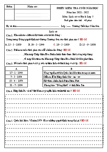 Phiếu kiểm tra cuối năm môn Lịch sử và Địa lí Lớp 5 - Năm học 2021-2022 - Trường Tiểu học Cao Đức (Có đáp án)