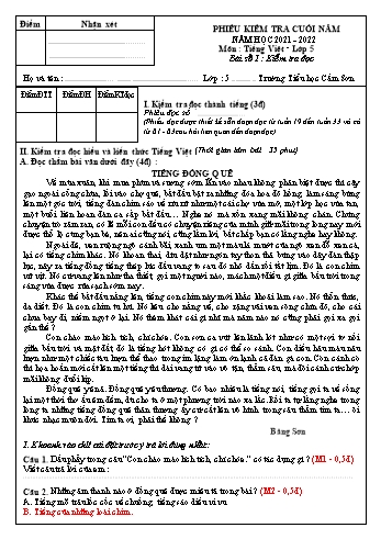 Phiếu kiểm tra cuối năm môn Tiếng Việt Lớp 5 - Bài số 1: Kiểm tra đọc - Năm học 2021-2022 - Trường Tiểu học Cao Đức (Có đáp án)