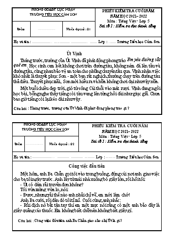 Phiếu kiểm tra cuối năm môn Tiếng Việt Lớp 5 - Bài số 1: Kiểm tra đọc thành tiếng - Năm học 2021-2022 - Trường Tiểu học Cấm Sơn (Có đáp án)