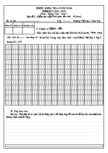 Phiếu kiểm tra cuối năm môn Tiếng Việt Lớp 5 - Bài số 2: Kiểm tra viết - Năm học 2021-2022 - Trường Tiểu học Cấm Sơn (Có đáp án)