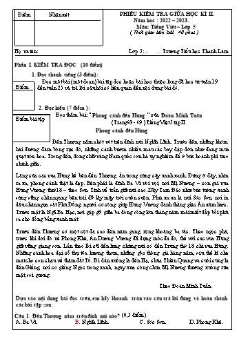 Phiếu kiểm tra giữa học kì II môn Tiếng Việt Lớp 5 - Năm học 2022-2023 (Có đáp án)