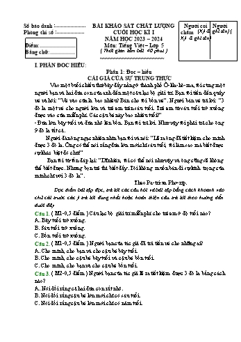 Bài khảo sát chất lượng cuối học kì I môn Tiếng Việt Lớp 5 - Năm học 2023-2024 - Đề 4 (Có đáp án)
