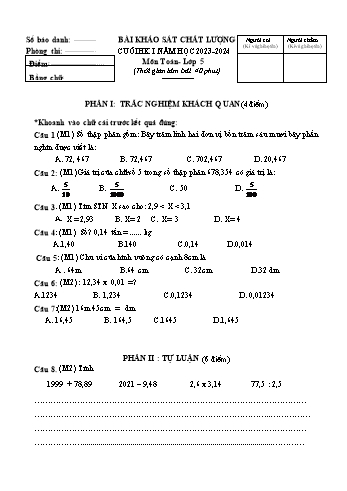 Bài khảo sát chất lượng cuối học kì I môn Toán Lớp 5 - Năm học 2023-2024 - Đề 1 (Có đáp án)